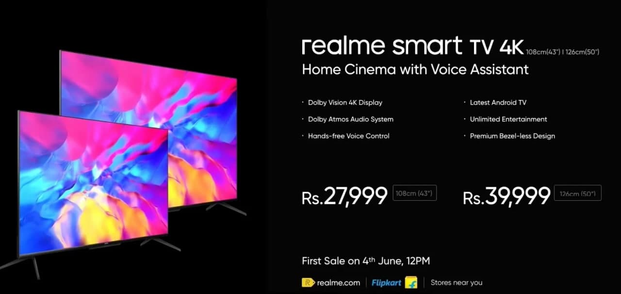具有杜比视界技术的Realme智能电视4K，杜比全景声在印度以43英寸和50英寸推出：价格，规格